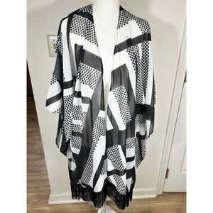 Chicos Black White Geometric Polka Dot Fringe Kimono Wrap Cardigan L XL BOHO